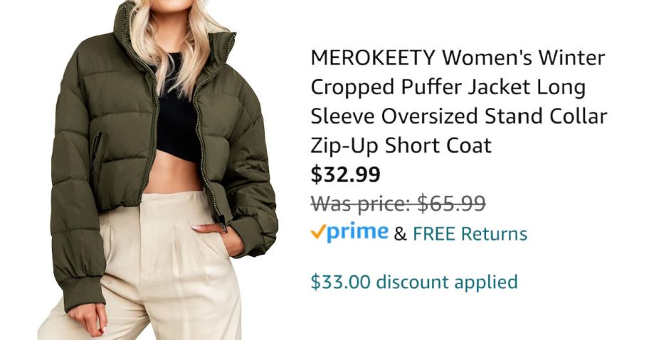 woman wearing green jacket next to Amazon pricing information