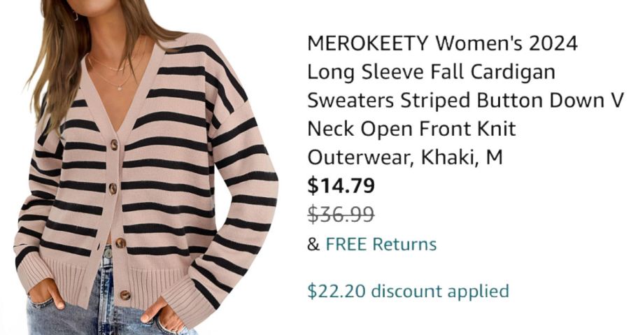 woman wearing striped sweater next to Amazon pricing information