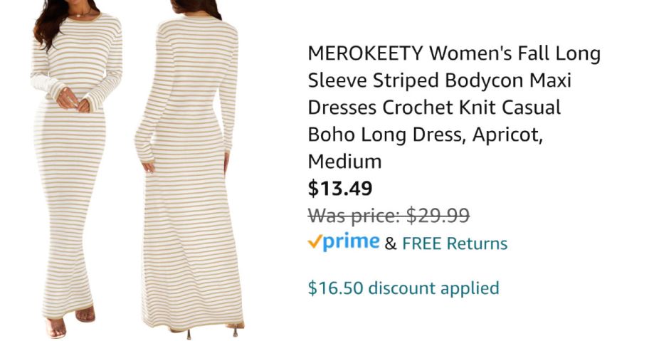 front and back view of striped dress next to Amazon pricing information