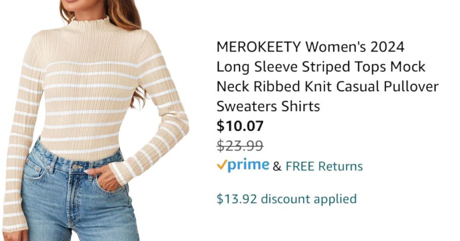 woman wearing striped shirt next to Amazon pricing information