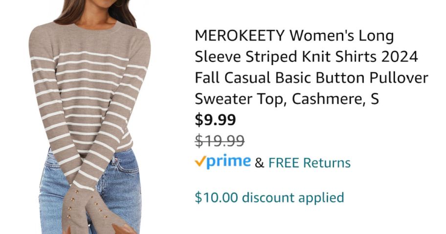 woman wearing a striped shirt next to Amazon pricing information