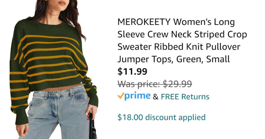 woman wearing striped sweater next to Amazon pricing information