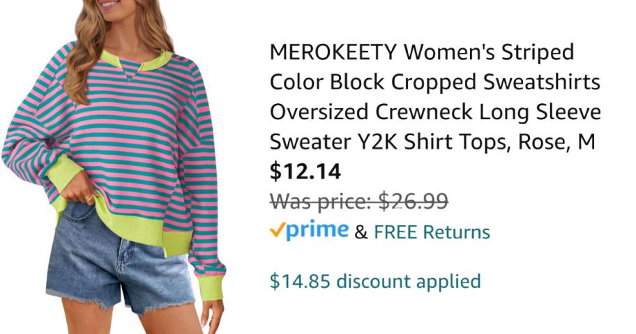 woman wearing striped sweatshirt next to Amazon pricing information