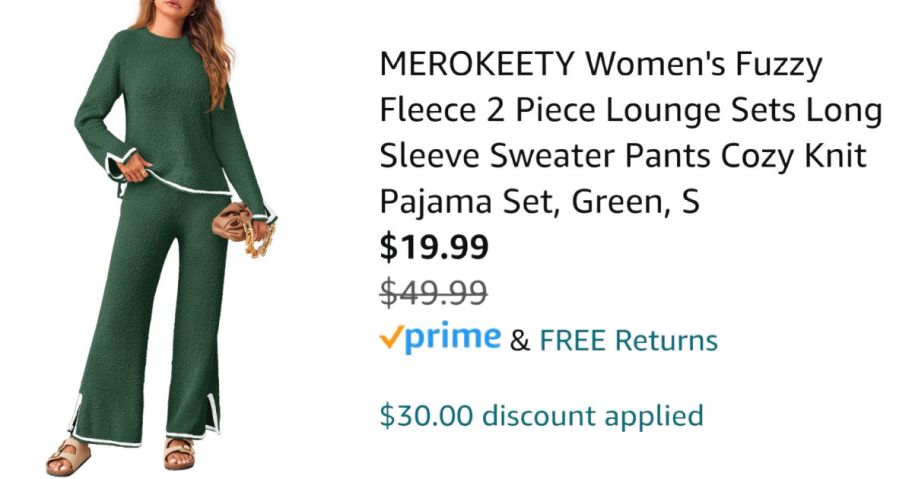 woman wearing green sweater set next to Amazon pricing information