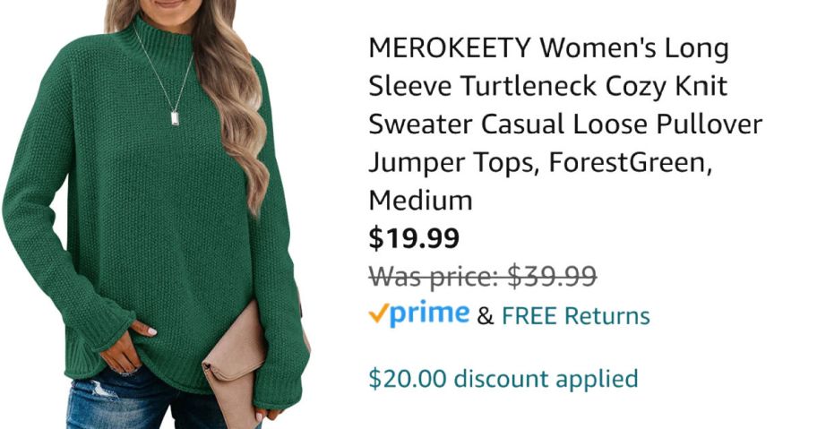 woman wearing green sweater next to Amazon pricing information