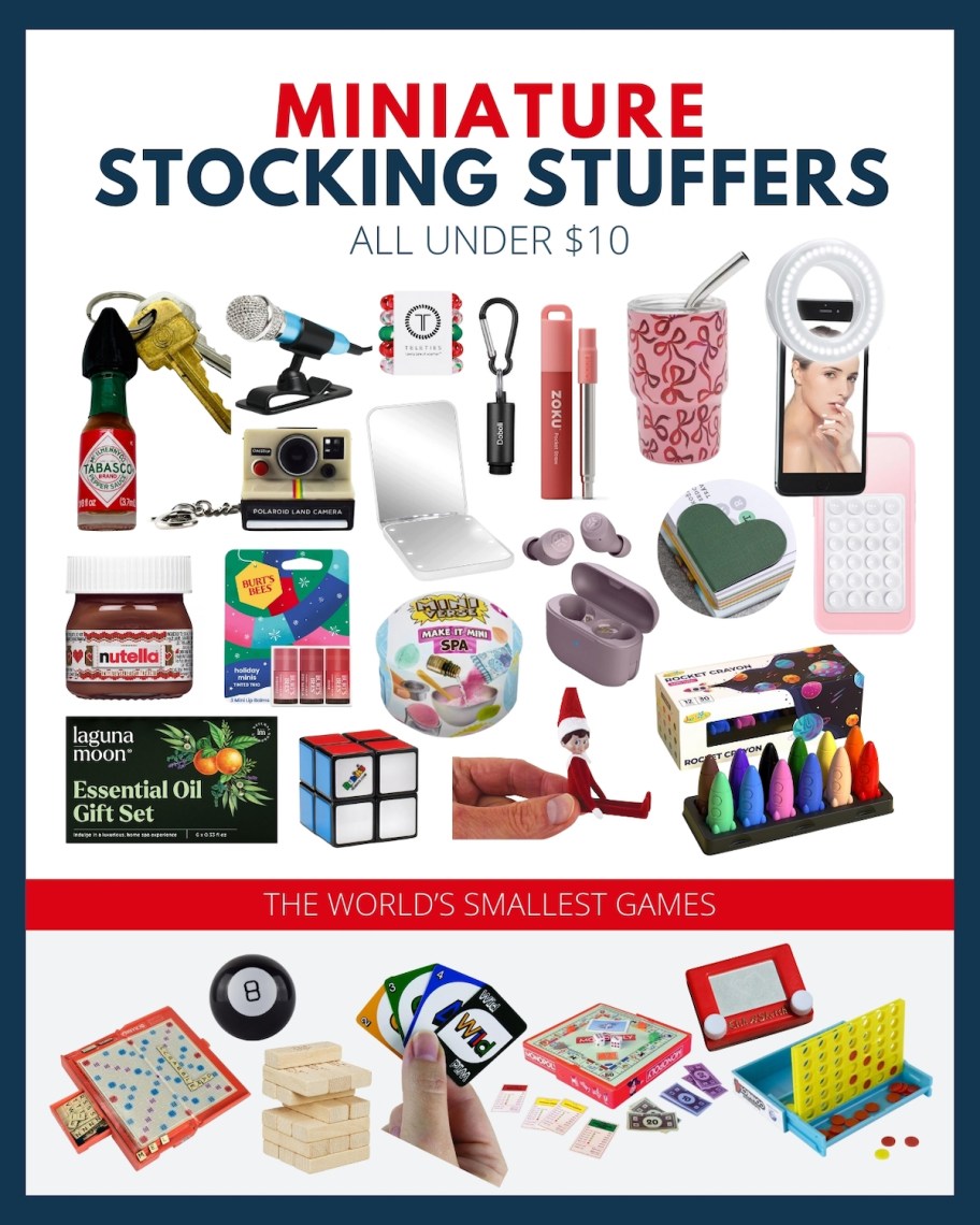 miniature stocking stuffers collage graphic 