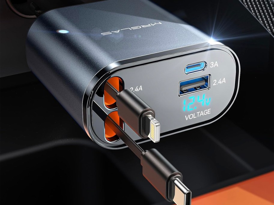 silver retractable car charger with charges coming out 