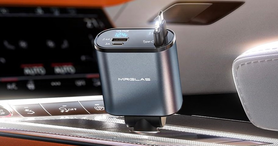 silver retractable car charger in car 