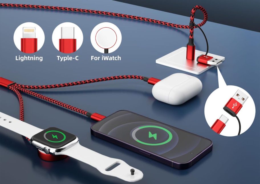 red cable charging three tech devices at once