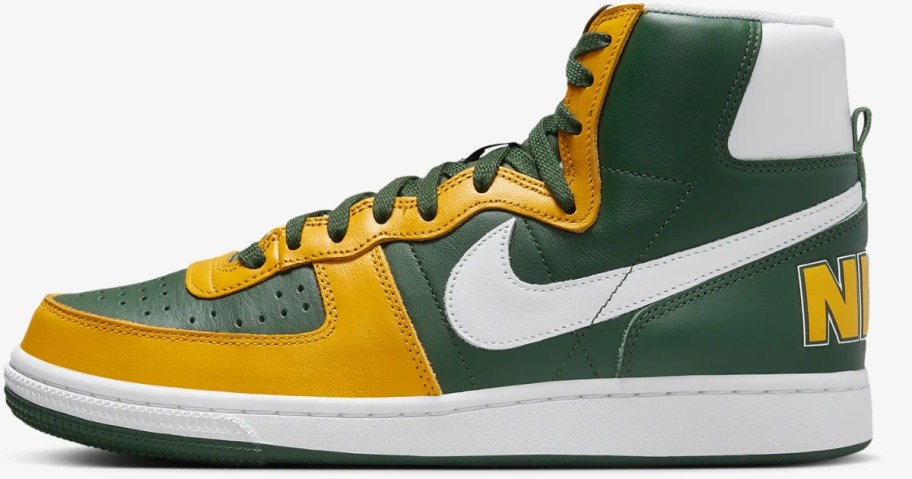 men's Nike high top shoe in yellow and green with white accents