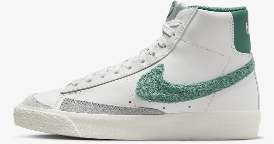 kid's Nike mid top blazer style sneaker in white with grey and green accents