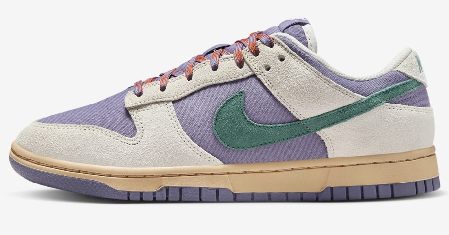 women's Nike dunk low shoes in white with purple, green, and pink accents