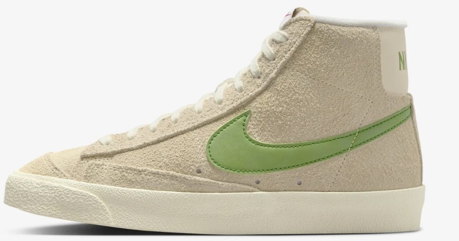 women's Nike blazer mid top shoe in light tan with green accents