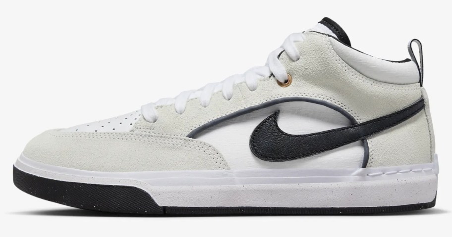 men's Nike skate shoe in white with grey and black accents