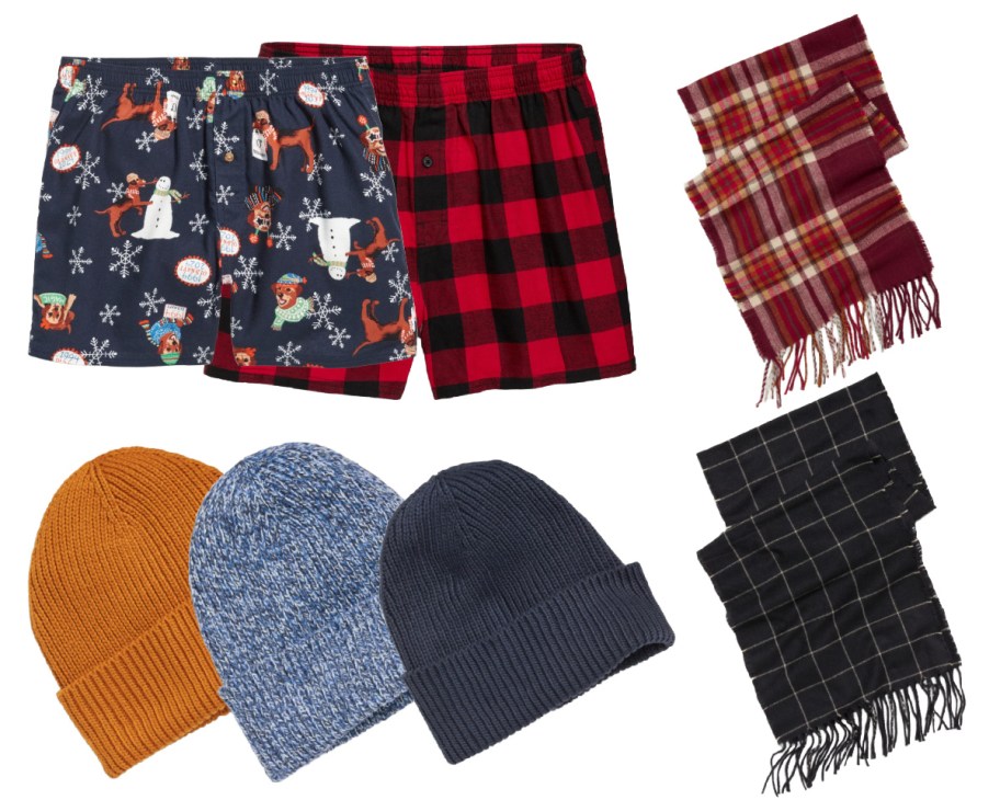 flannel boxers, scarves, and beanies