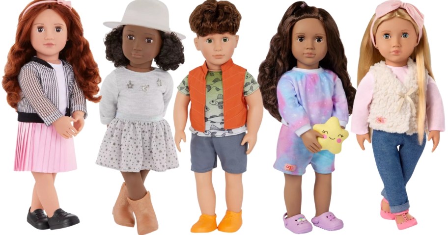 5 Our Generation Dolls with different hair and skin tones and different outfits on