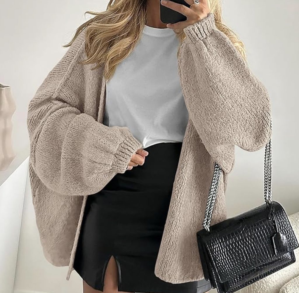 woman wearing oversized cardigan