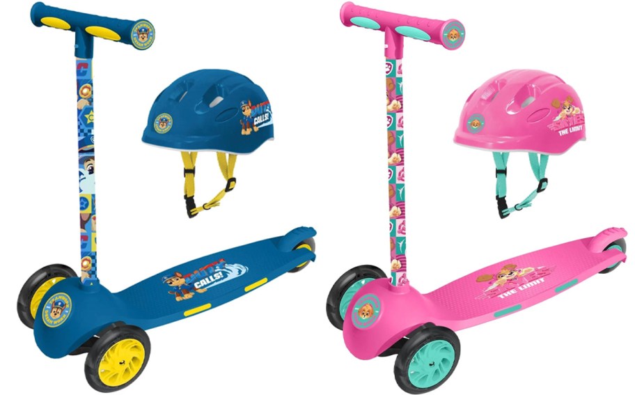 blue and pink paw patrol scooters with helmets 