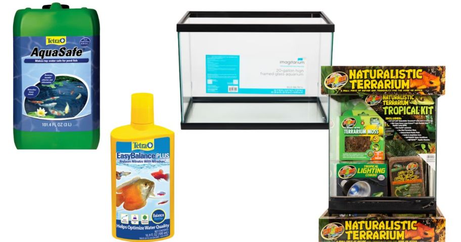 aquatic supplies, an aquarium, and a reptile habitat