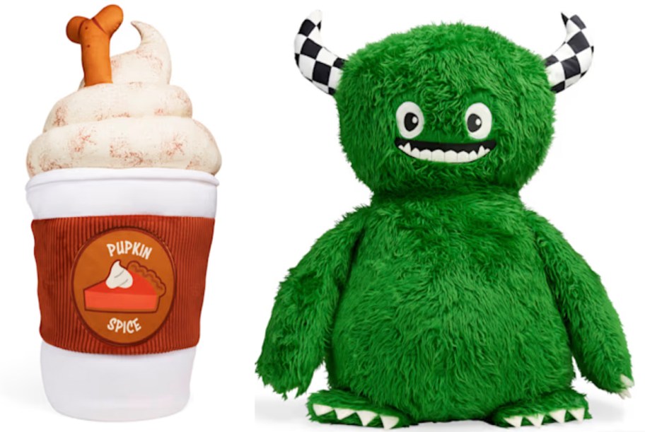 latte and monster dog toys 
