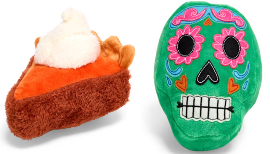 pie and green skull dog toys 