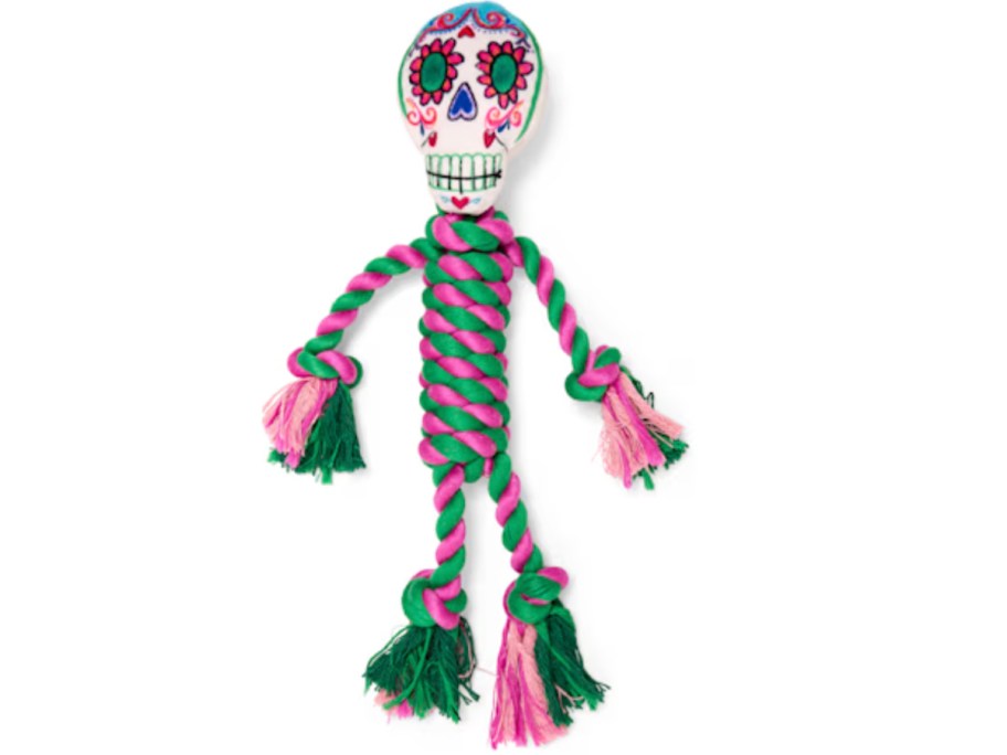 pink and green skeleton rope dog toy 