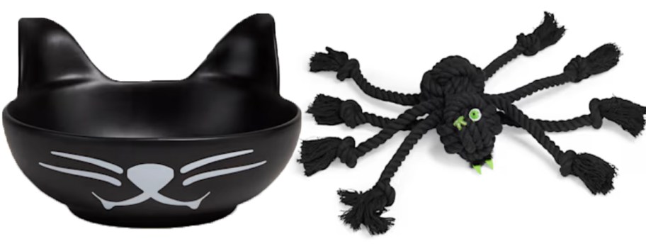 vampire cat bowl and spider rope dog toy