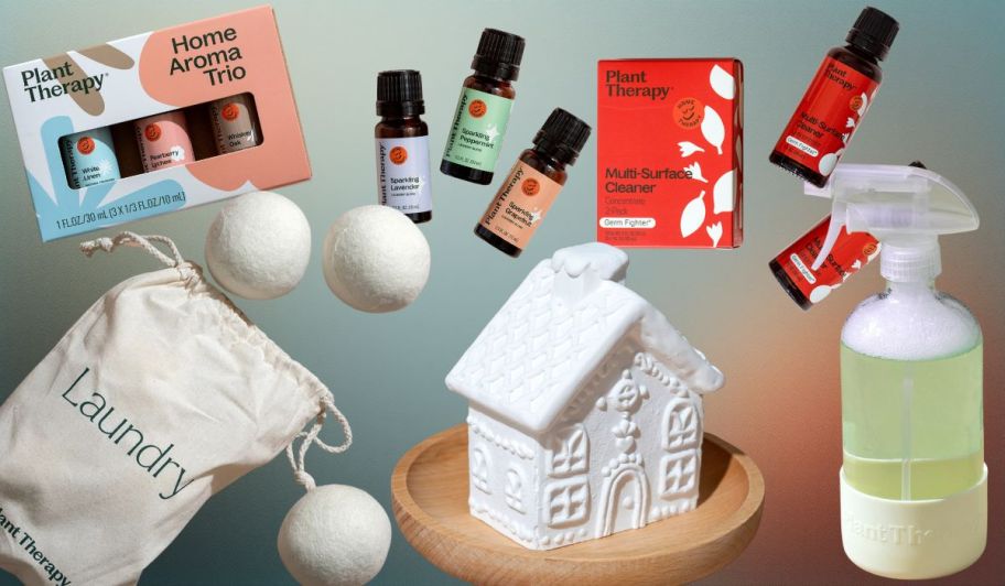 plant therapy laundry products, essential oils, and gingerbread diffuser