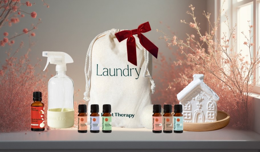 plant therapy holiday giveaway bundle with laundry essentials, oils, and diffuser