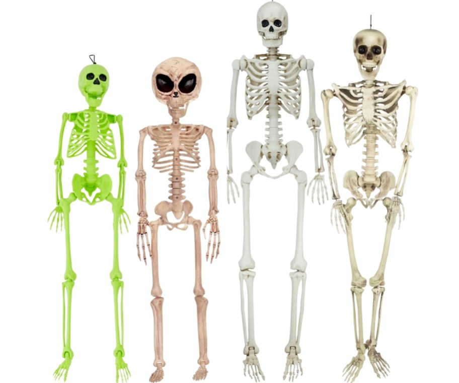 neon green posable skeleton, alien posable skepleton, 7 fft posable skeleton and a 5 foot posable skeleton