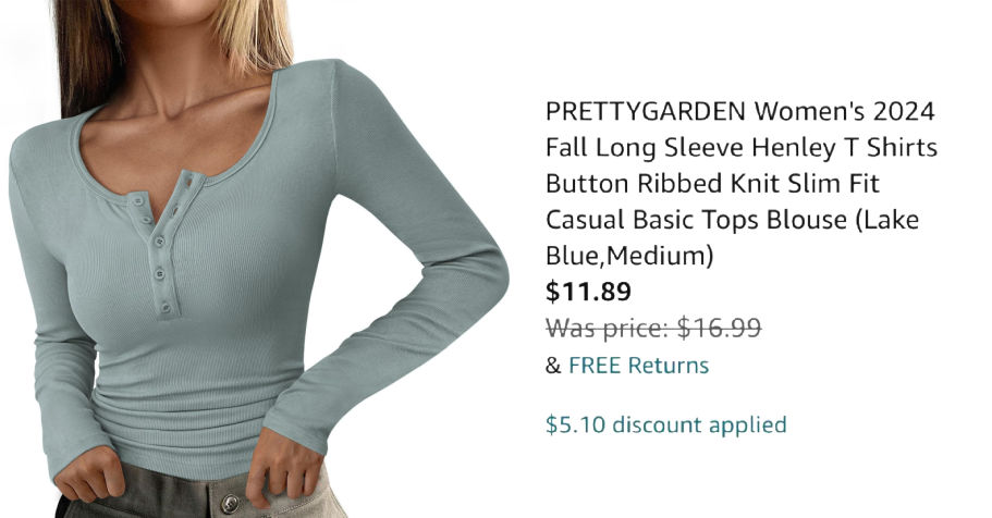 woman wearing blue henley next to Amazon pricing information