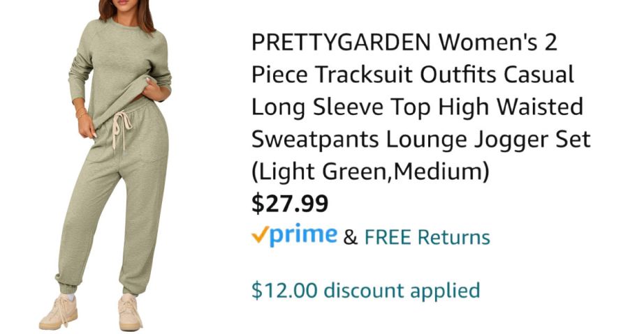 woman wearing green tracksuit next to Amazon pricing information