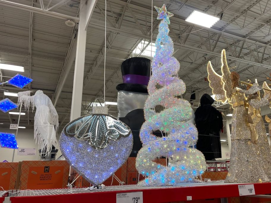 ornament and tree decor on shelf in store