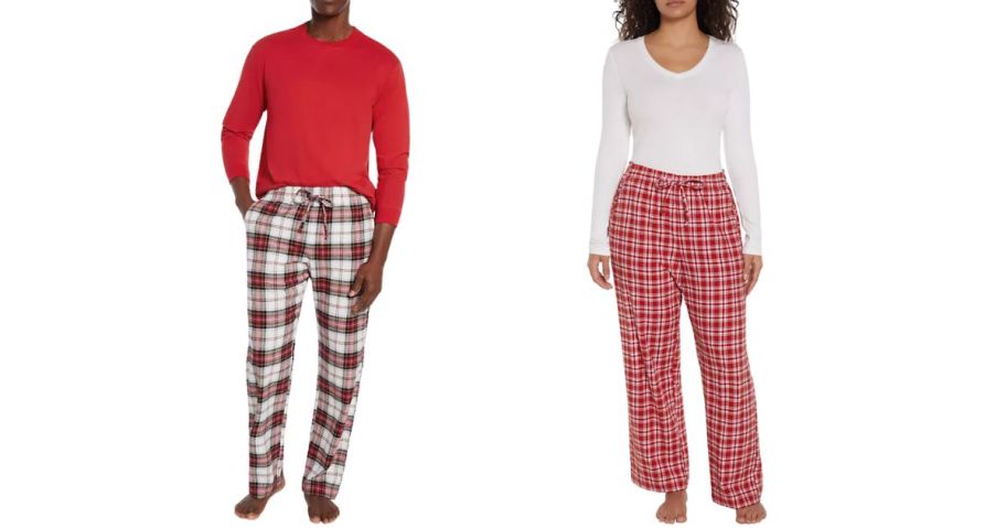 man and woman wearing red and white flannel pajama pants