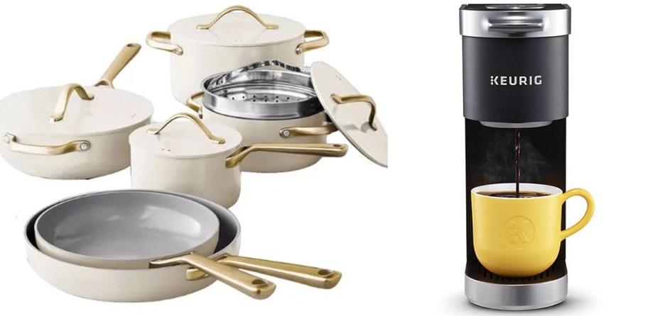 white cookware set and black keurig with yellow mug