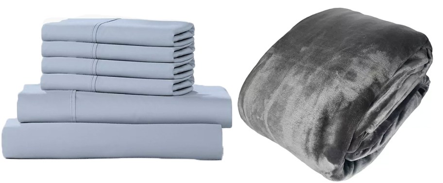 blue sheet set and gray throw blanket 