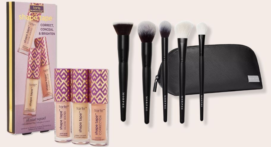 shape tape concealer trio and morphe face brush set stock images