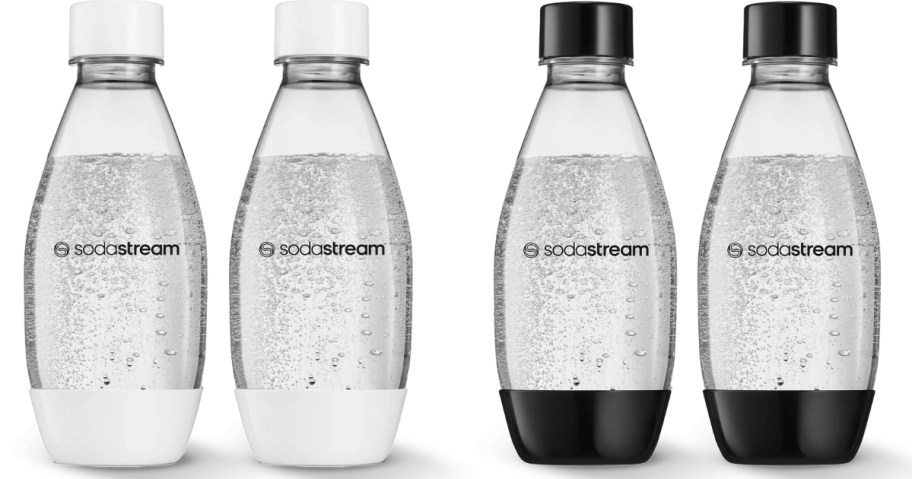 4 small SodaStream bottles, 2 with white and 2 with black