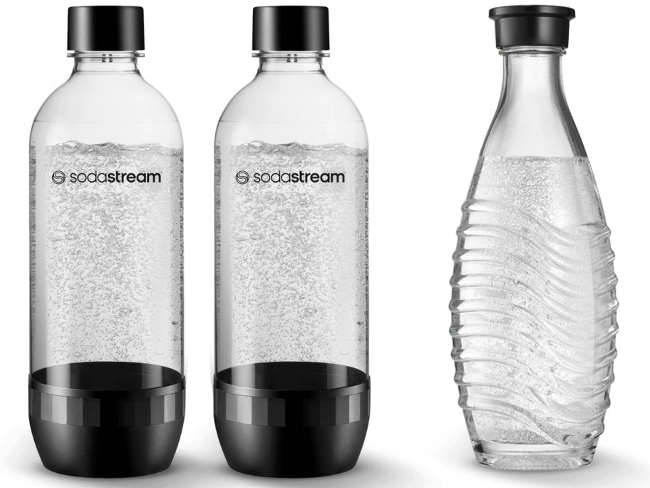 2 SodaStream liter bottles with black and a SodaStream Caraffe