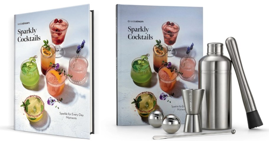 a Soda Stream Recipe book and another book with a cocktail shaker and mix set