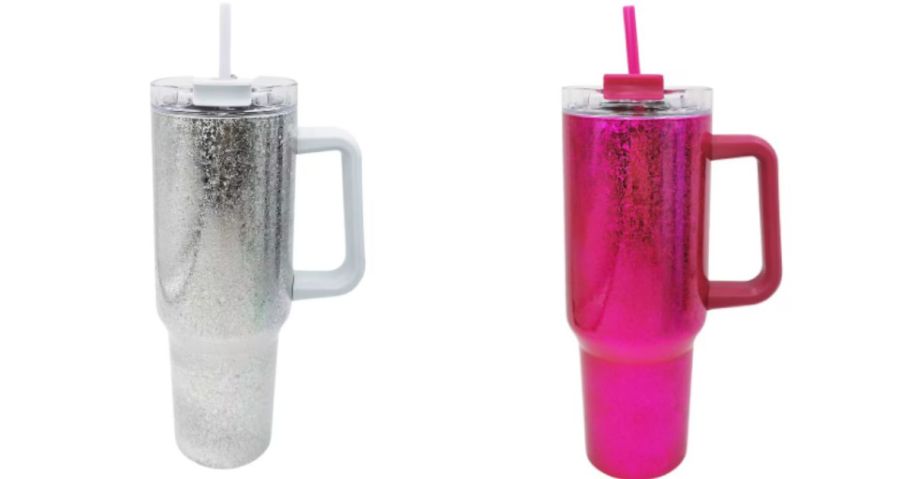 silver and pink sparkly tumblers