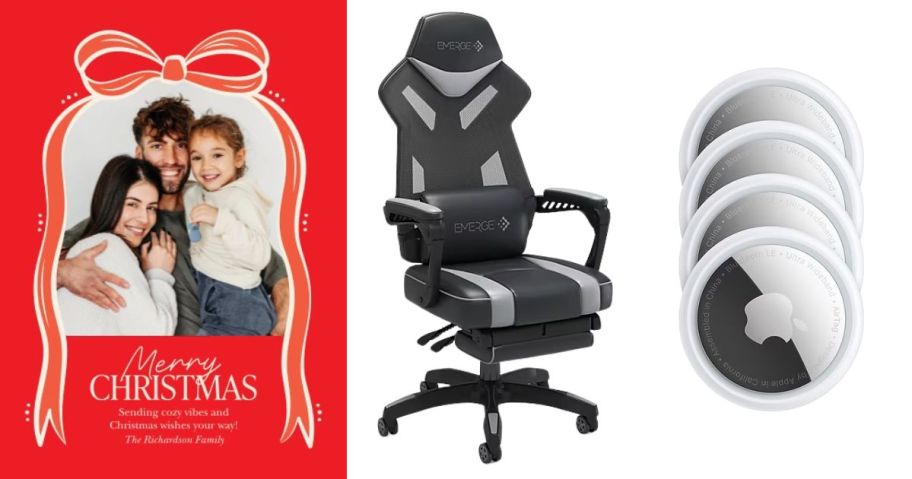 staples custom card, chair, and apple airtags
