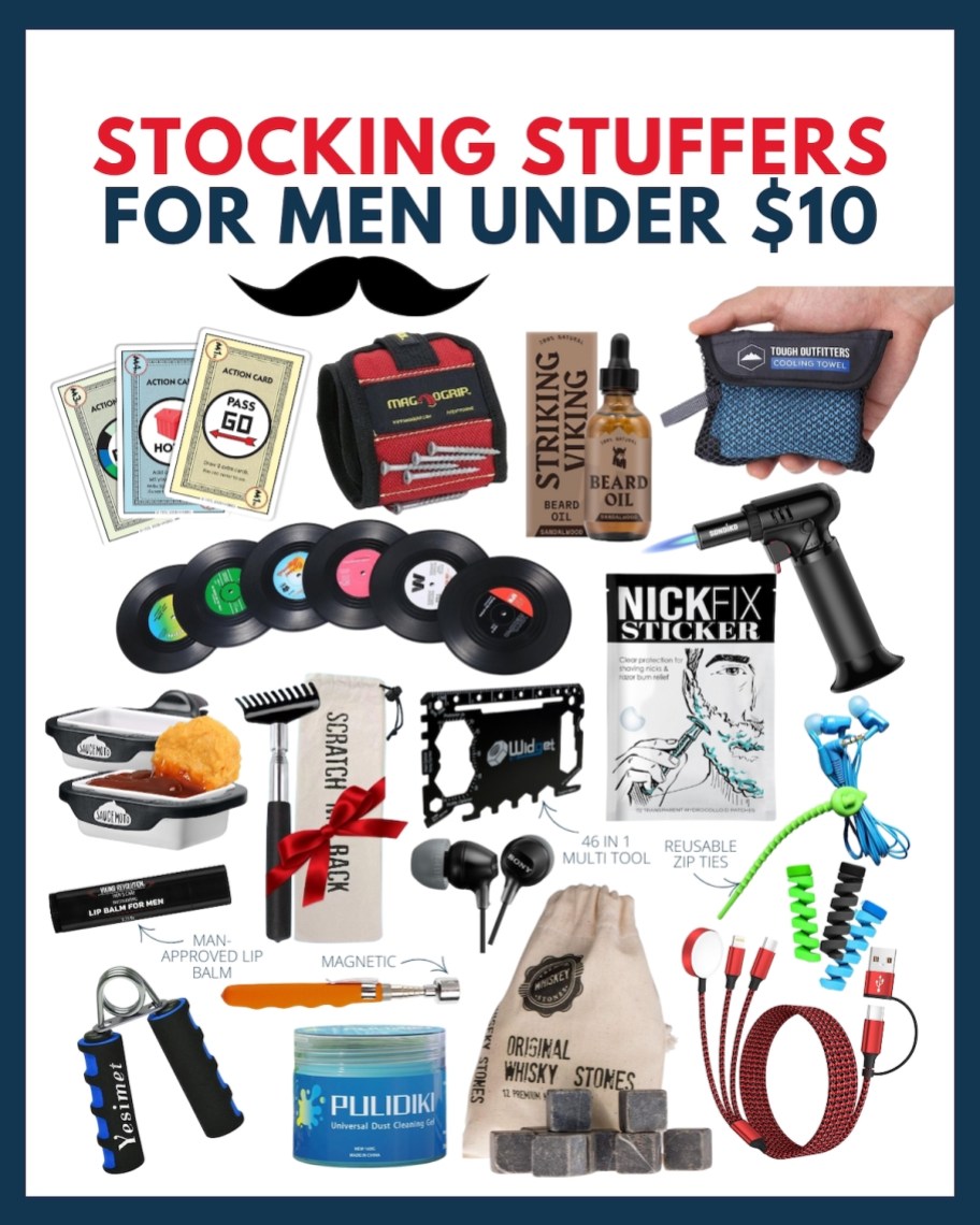 collage graphic of stocking stuffers for men