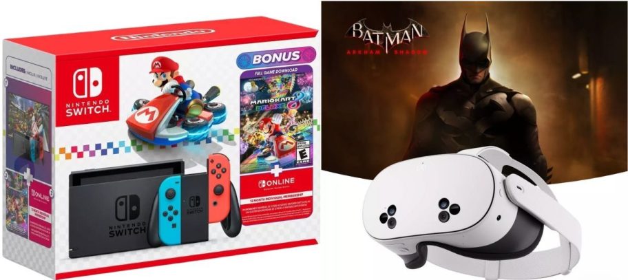 a box with a Nintendo Switch Mario Kart bundle, and a pair of white Meta VR Goggles with a Batman game box