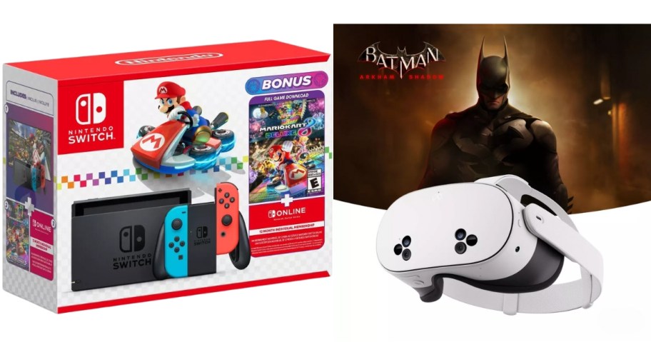 a box with a Nintendo Switch Mario Kart bundle, and a pair of white Meta VR Goggles with a Batman game box