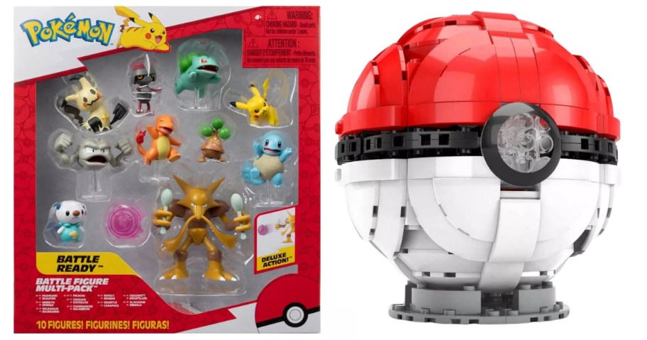 Pokemon mini figure set in the packaging, and a large Pokemon Ball building set put together