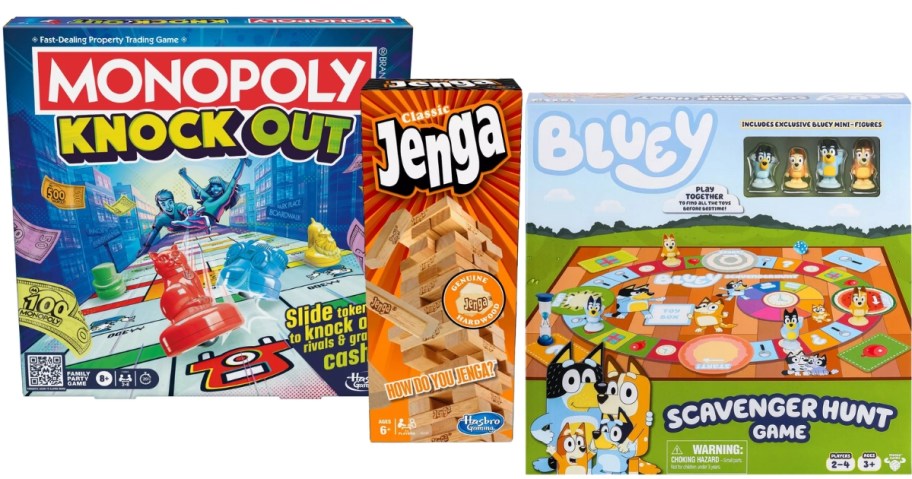 board game boxes - Monopoly Knock Out, Jenga, and Bluey's Scavenger Hunt