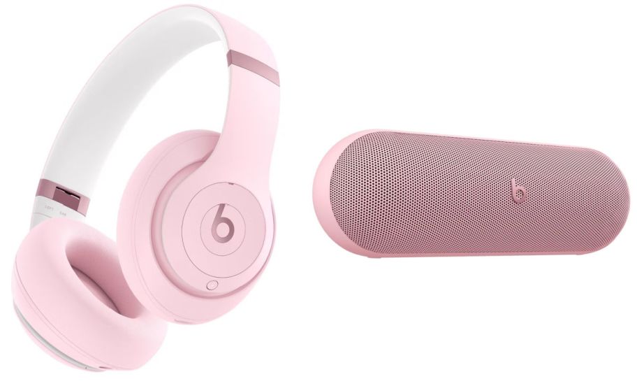 pink headphones next to a pink portable speaker