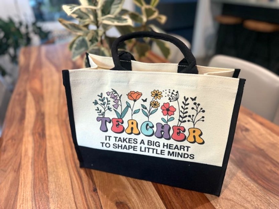 teacher tote bag on table