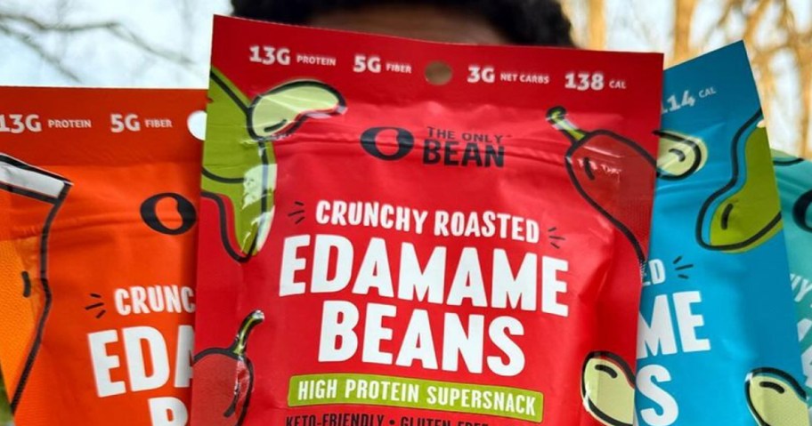 three bags of the only bean edamame snacks
